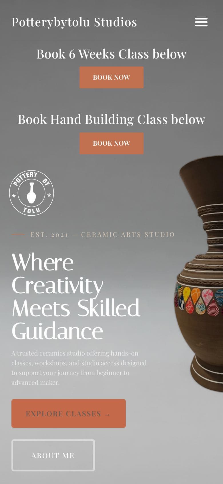 Pottery by Tolu homepage on mobile