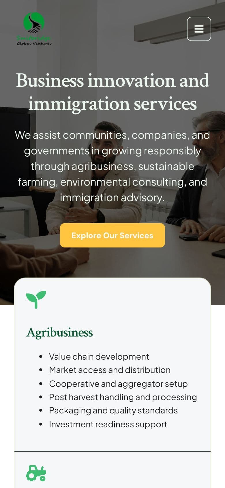 SmitBridge Global Ventures homepage on mobile