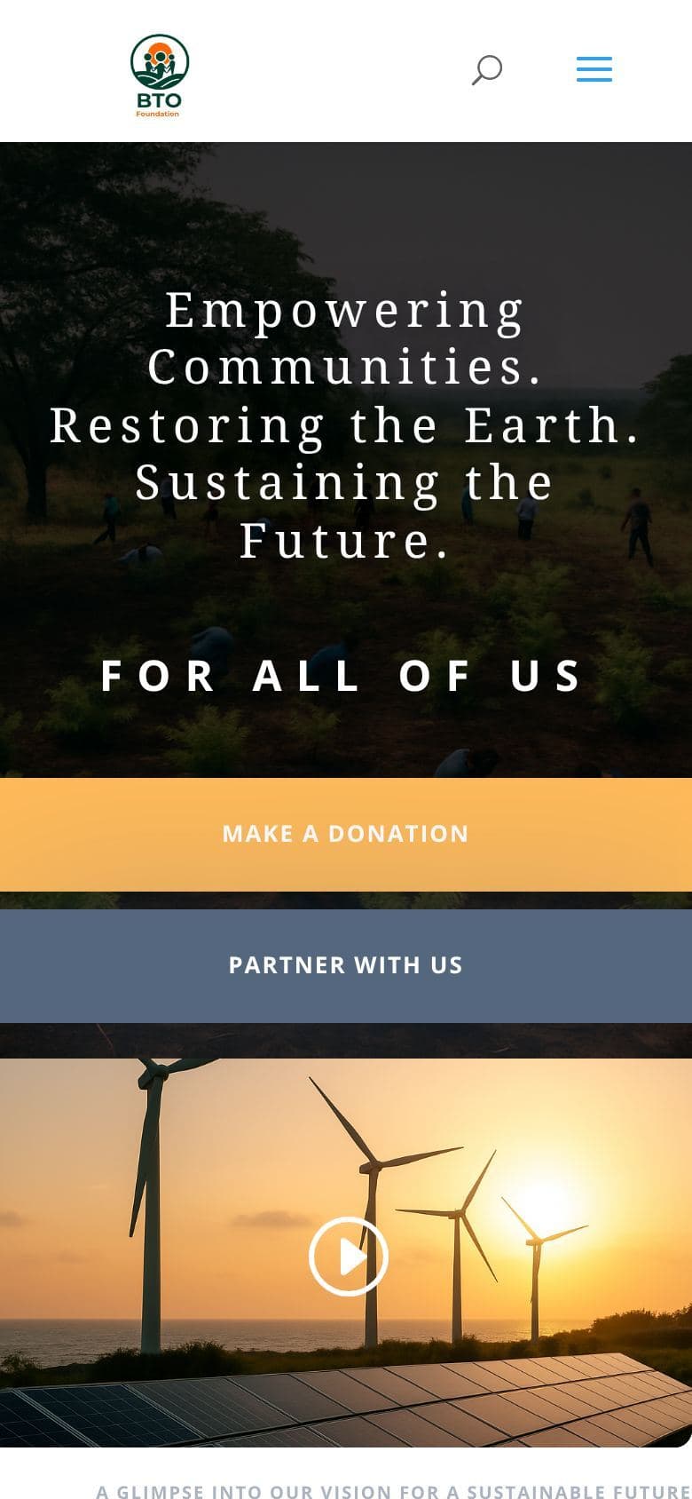 BTO Global Foundation homepage on mobile with stacked full-width buttons